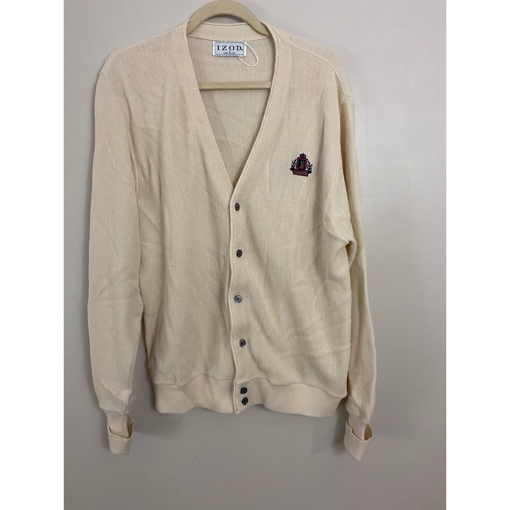 Izod Cardigan Sweater Mens Large Cream Vintage V-Neck Crest Made In USA Knit L